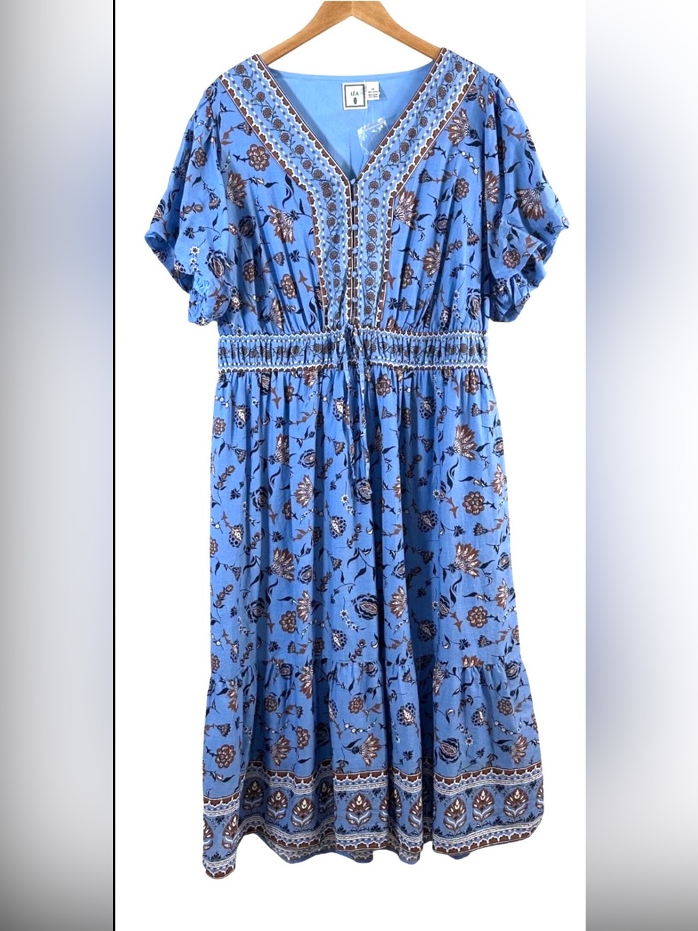 NWOT! Lea Blue Floral 100% Cotton Smocked Waist Lined Midi Dress - Size 2X